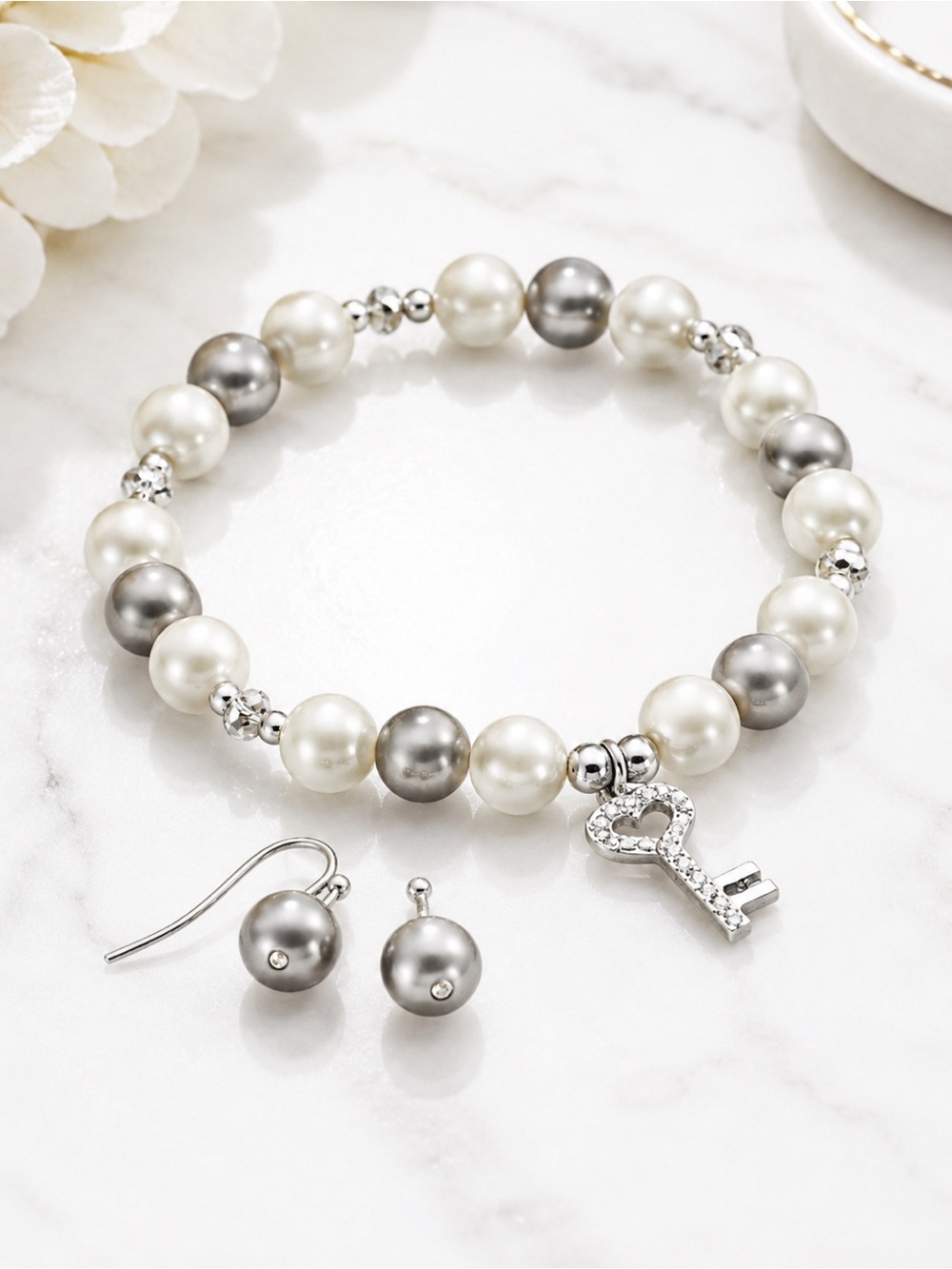 Faux Pearl Bracelet Earrings Set Ivory Gray Key Charm Wedding Gift NWT